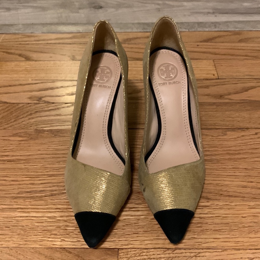 Tory Burch gold metallic heels